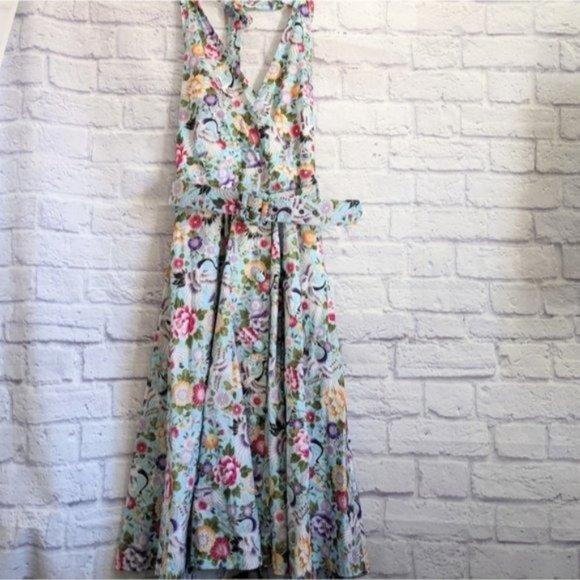 Unique Vintage Tarrytown Halter Swing Dress L Mint Blue Crane Print Metallic - Picture 3 of 8